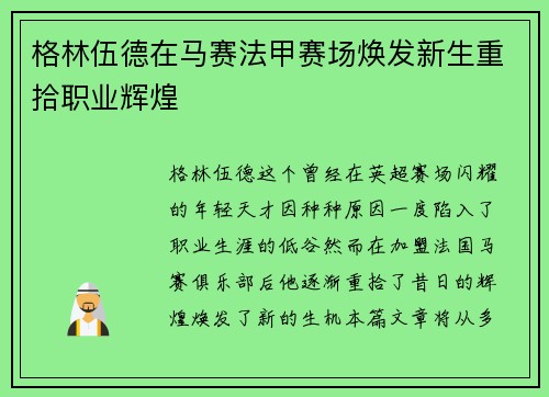 格林伍德在马赛法甲赛场焕发新生重拾职业辉煌